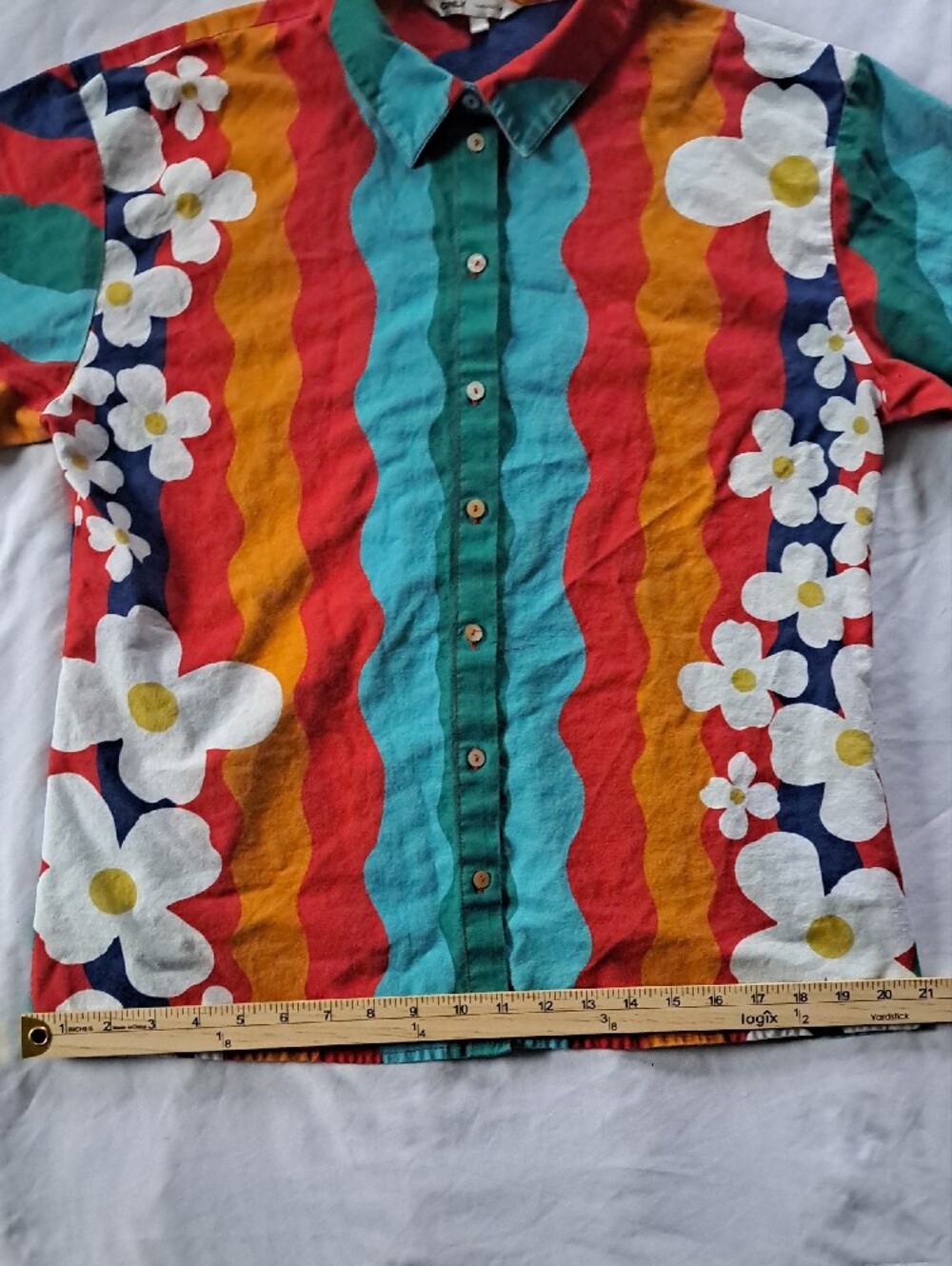 ONLY Multicolor Bold Floral Wave Print Button-Up Top Size L Funky Pop Art Boho - Picture 9 of 16